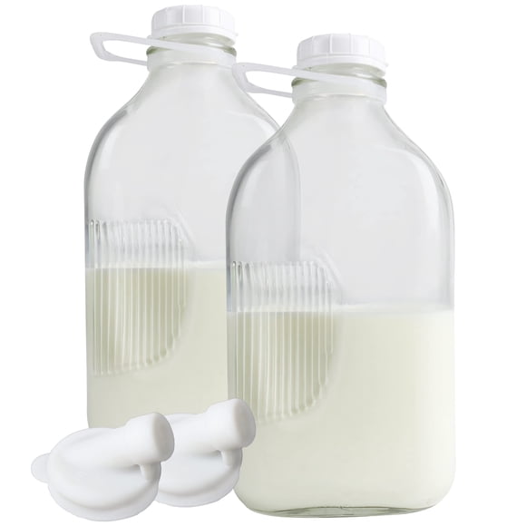 Botellas de vidrio para leche The Dairy Shoppe 64 oz (paquete de 2) con tapas