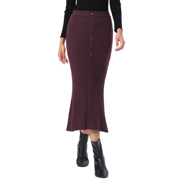 Falda Maxi de Punto INSPIRE CHIC para Mujer con Cintura Elástica Falda Casual de Cola de Pescado Acanalada L Rojo Púrpura Profundo