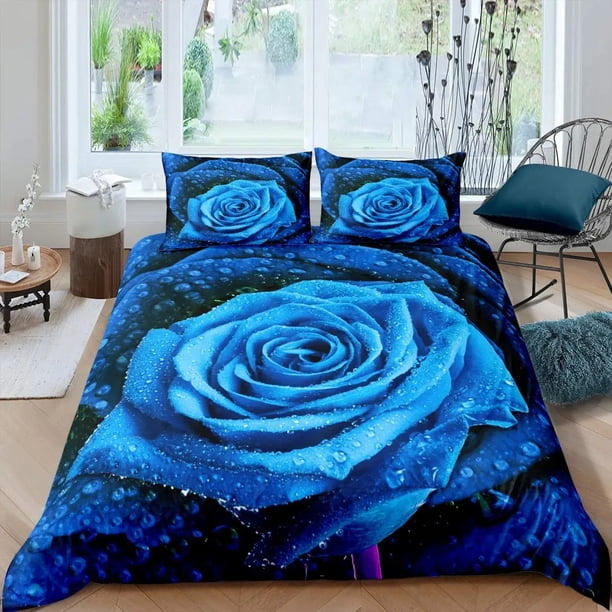 Blue Rose Floral Flowers Bedding Set,Duvet Cover Comforter Bed Set Quilt Cover Pillowcase, Boys Girls Adults Bed Sheets