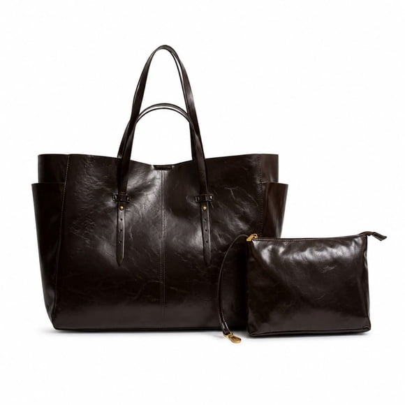 Cartera Shopper Doble Asa Chocolate Con Estuche 56x37x20cm