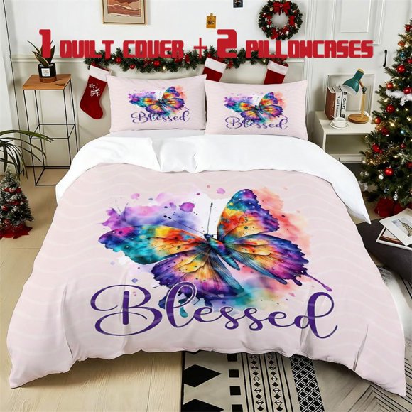 3pcs Watercolor Butterfly "Blessed" Printed Bedding Set Soft Polyester Duvet Cover with 2 Pillowcases All Season Comfort