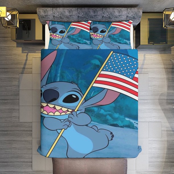 Stitch American Flag 3 Pieces Duvet Cover Set Full Size Super Soft Fade Resistant Microfiber