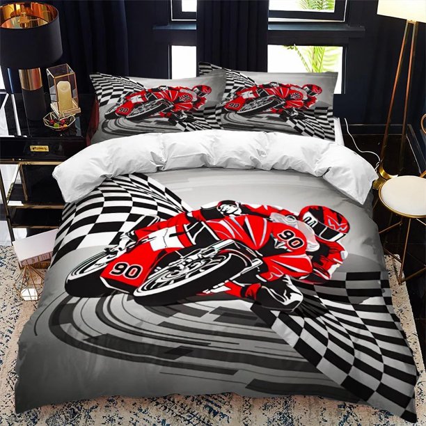 3D Print Motorcycle Rider Bedding Set,Duvet Cover Comforter Bed Set Quilt Cover Pillowcase,King Queen Twin Size Boys Girls Adult