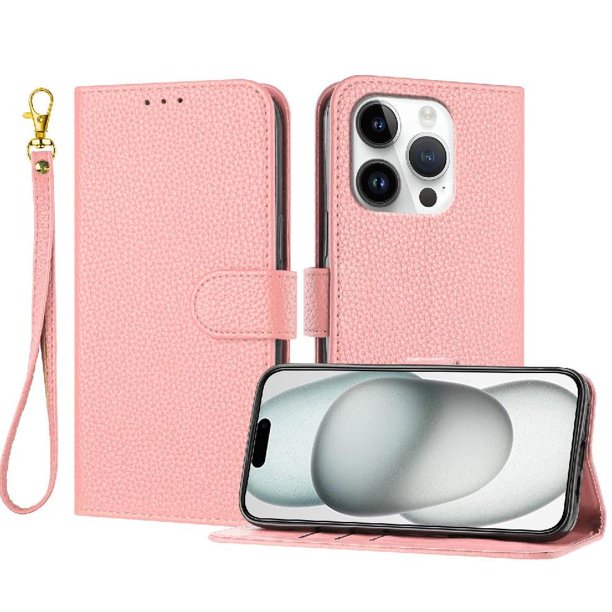 Funda Cartera para iPhone 16 Pro Tarjetero Soporte Magnético y Correa Rosa