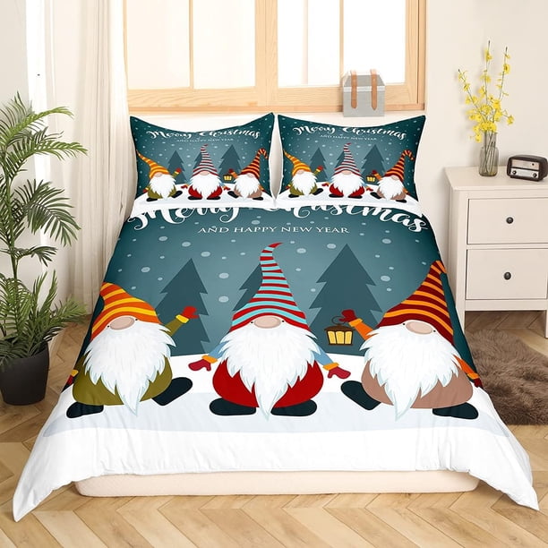 Xmas Bedding Sets Scandinavian Christmas Santa Gnomes Comforter Cover Snowing Santa Claus Bedding Sets for Kids Boys Girls Romantic Candlelight Quilt Cover 3 Pieces Queen Size
