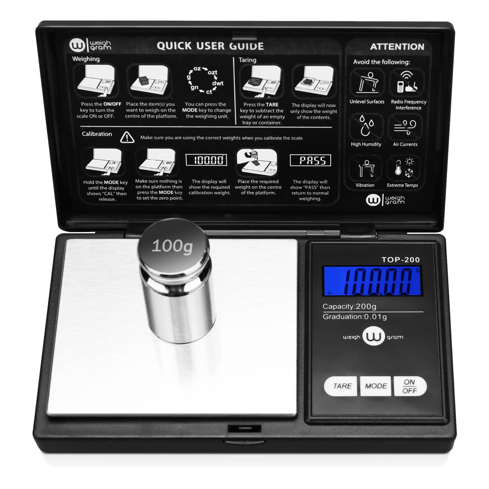 Weigh Gram - La Báscula Pocket Gram Pesa 200 G X 0,01 G Con Peso De Calibración