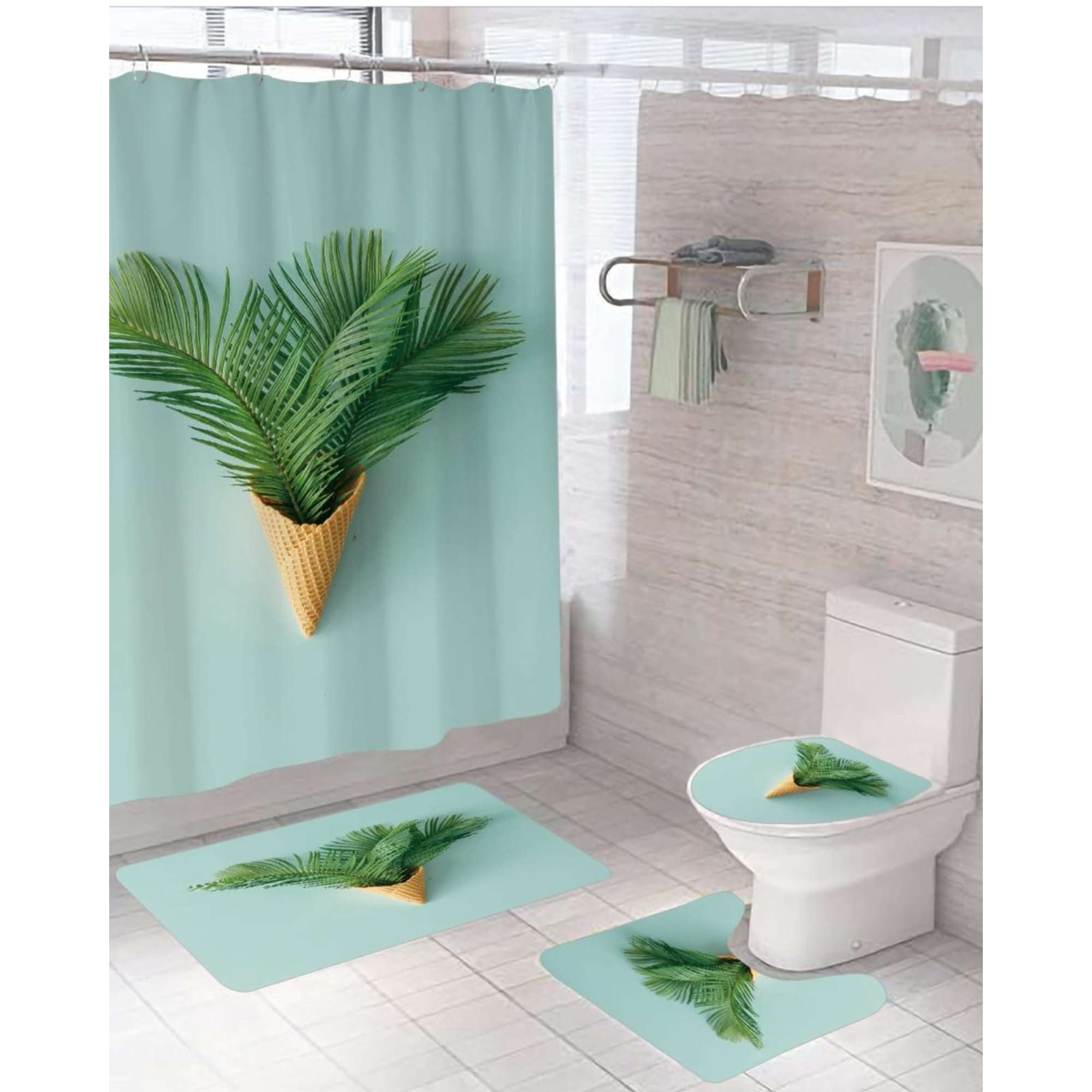 Mylhogar - Juego 5 Piezas Con Cortina De Baño De Tela Poliéster Y Forro De Ducha De Plástico