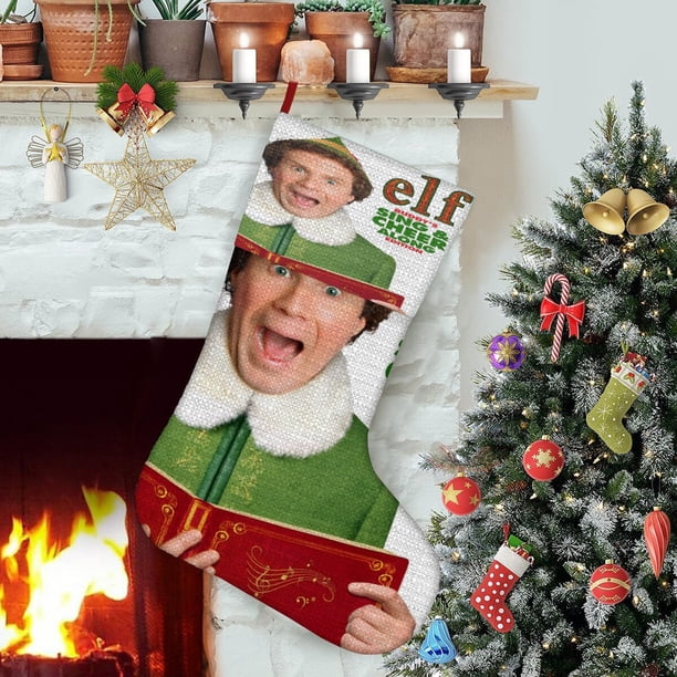 Elfo Buddy Canta Tema: Calcetines de Navidad, fino lino blanco para colgar en escaleras y chimenea, decoración navideña para el hogar, regalo de Navidad.54cm×38cm