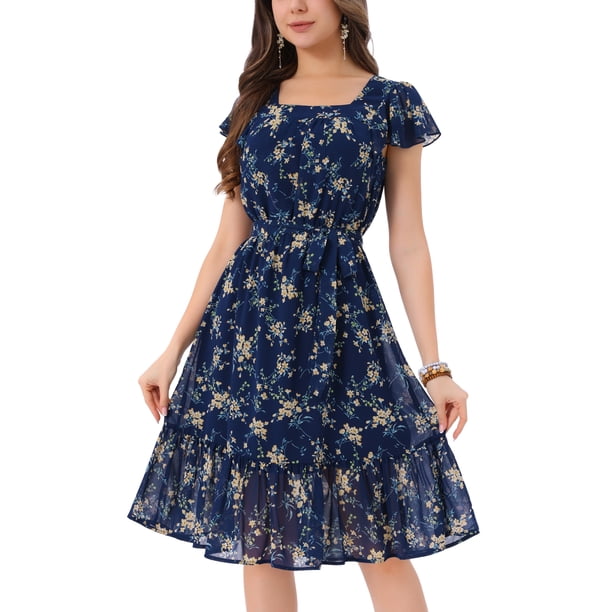 INSPIRE CHIC Vestido Midi Floral para Mujer Cuello Cuadrado Mangas Cortas con Volantes Dobladillo con Volantes Vestido de Línea A para Invitada de Boda de Verano Azul XL