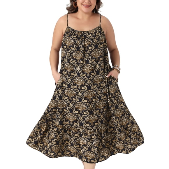 Agnes Orinda Vestido Maxi de Talla Grande para Mujer, Estilo Bohemio con Estampado, Tirantes Espagueti, Corte Suelto, para la Escuela, Universidad, Pascua, Playa, Verano, Vacaciones, 3X Negro