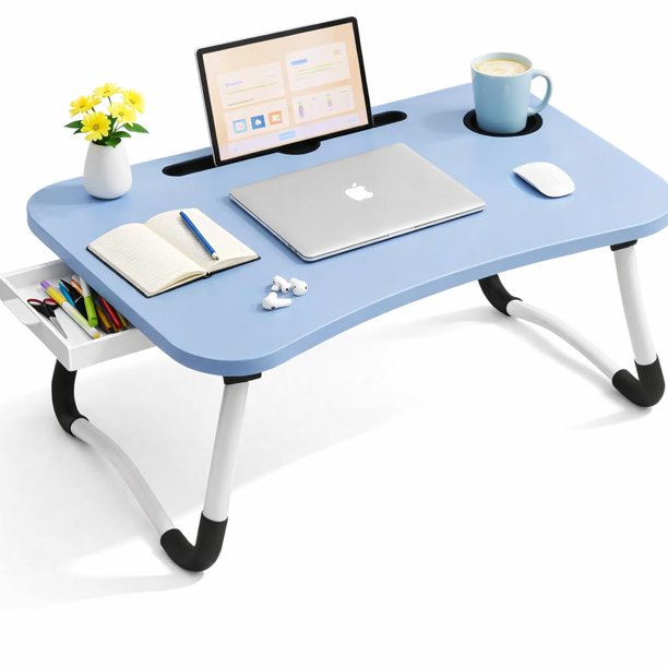 WSA Escritorio Plegable para Portátil con Portavasos y Ranura para Tablet - Bandeja Portátil para Cama y Sofá, Soporte Grande para Notebook para Desayunar, Escribir y Estudiar (Azul)
