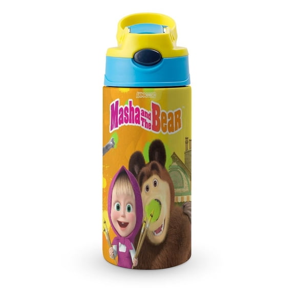 Masha y el Oso Botella de Agua con Tapa Pop Top de Un Toque, Acero Inoxidable, a Prueba de Fugas, para Deportes, Botella Infantil azul 12 oz