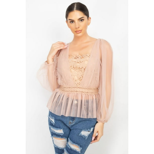 Top Peplum de Crochet de Malla Transparente