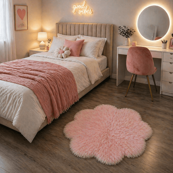 Alfombra peluche peluda flor rosada 120x120cm