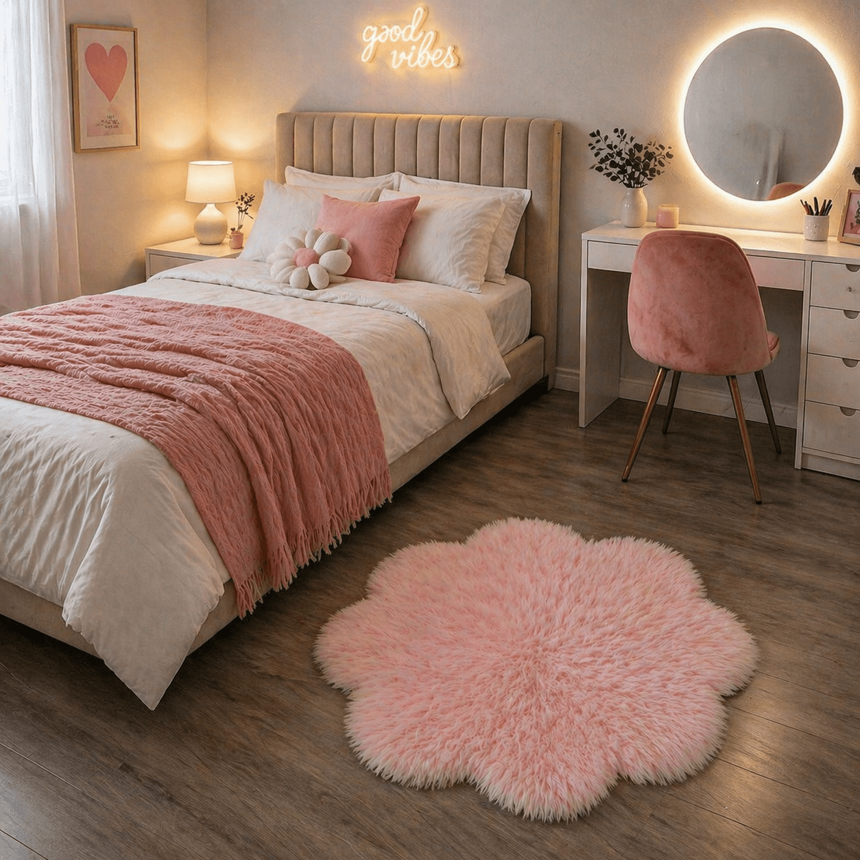 La Casa Del Outlet - Alfombra Peluche Peluda Flor Rosada 120x120cm