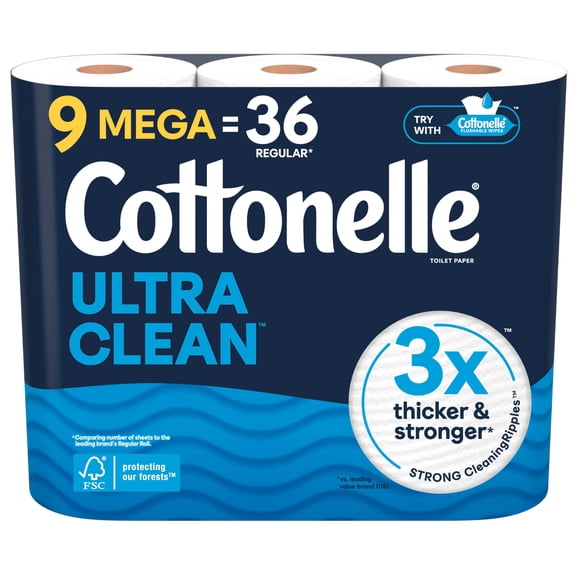 Papel higiénico Cottonelle Ultra Clean, 1 capa, 9 mega rollos