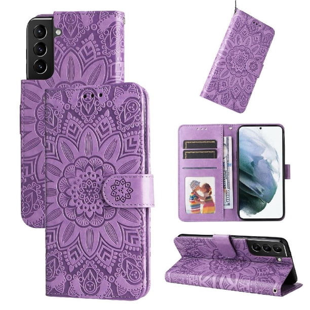 Funda tipo cartera FOXDOCK para Samsung Galaxy S21 Plus , diseño girasol en relieve, cuero PU, cierre magnético, soporte y tarjetero