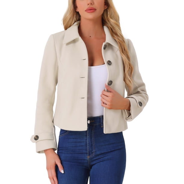 VESTIMENTA REFINADA Abrigo Corto de Mujer con Cuello Abatible y Cierre de Botón Simple Beige XL