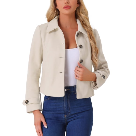 ATUENDO REFINADO Abrigo corto de mujer con cuello vuelto y cierre de botones beige M