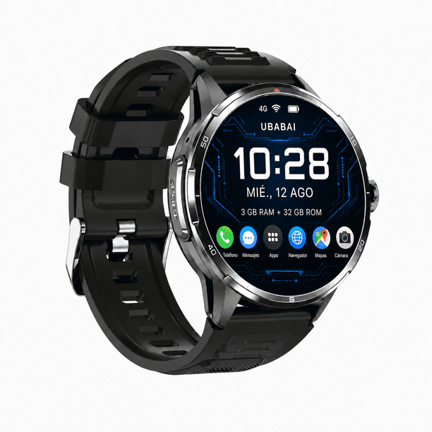 UBABAI LTE Smartwatch Android 10 4G con SIM Nano, Reloj Inteligente AMOLED 1.6" 480x480, Llamadas Independientes, WiFi, GPS, Cámara Giratoria 180°, Google Play, 3GB RAM 32GB ROM