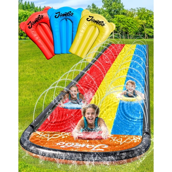 Tobogán acuático JAMBO Premium Triple con 3 tablas de bodyboard para niños