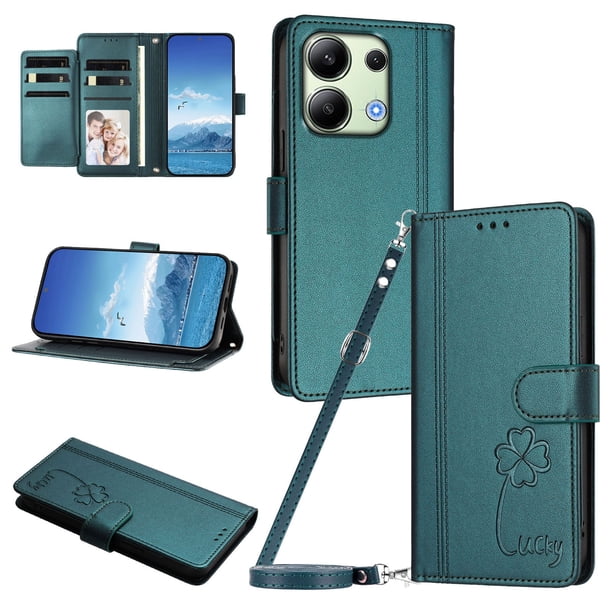 Funda Cartera Trébol para Xiaomi Redmi Note 13 4G con Ranuras Tarjetas y Carga Inalámbrica Verde oscuro