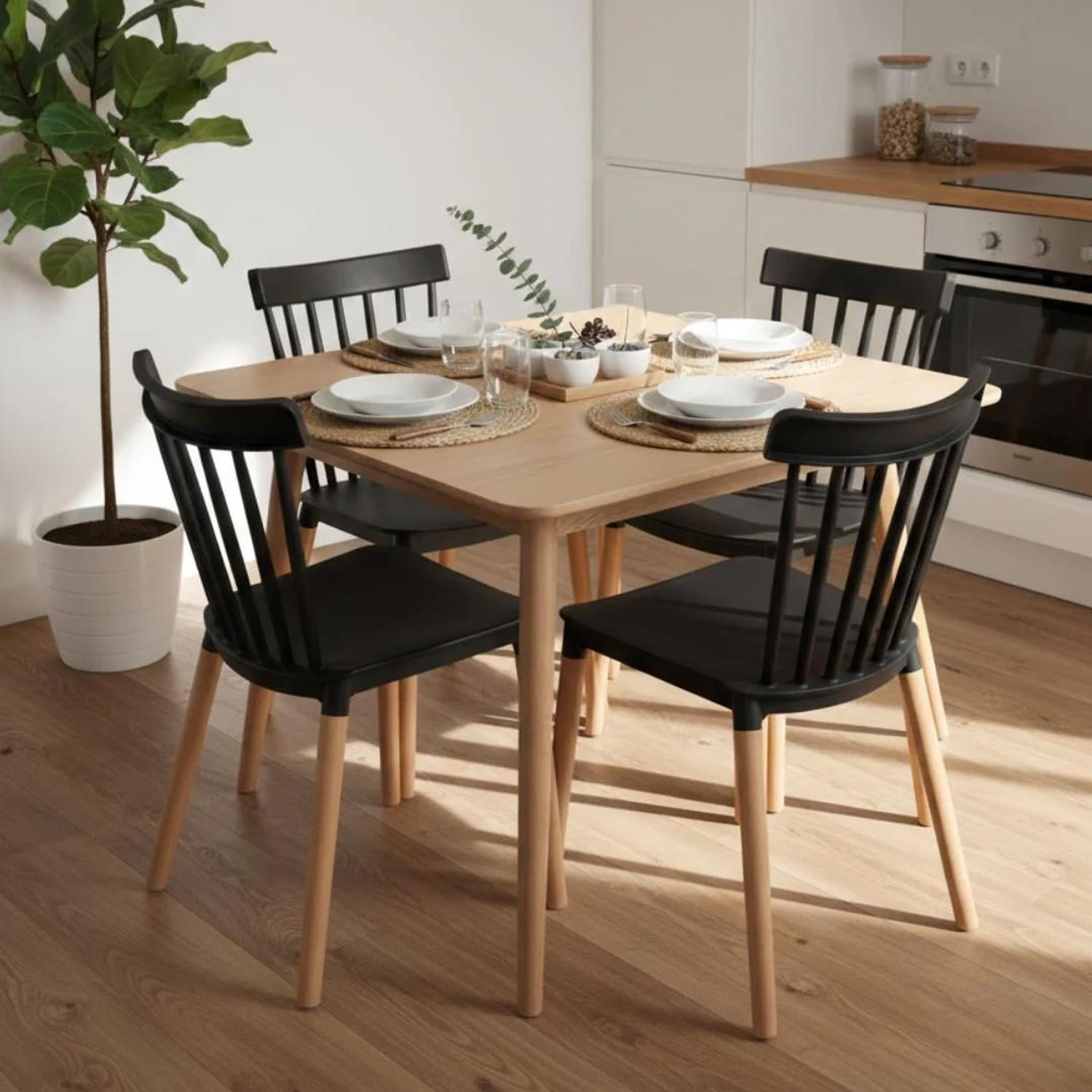 Pandalino - Comedor Mesa Cosmo Natural 70x70 Cm + 4 Sillas Windsor Negro