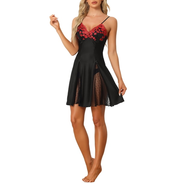 INSPIRE CHIC Vestido de Dormir Mini de Satén con Encaje y Malla para Mujer, Escote en V, Espalda Descubierta, con Tirantes Ajustables, XS Negro Rojo