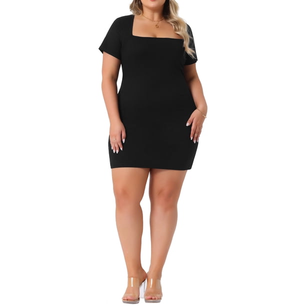 Agnes Orinda Vestidos Cruzados de Talla Grande para Mujer Cuello Cuadrado Manga Corta Vestido Casual Midi 2X Negro