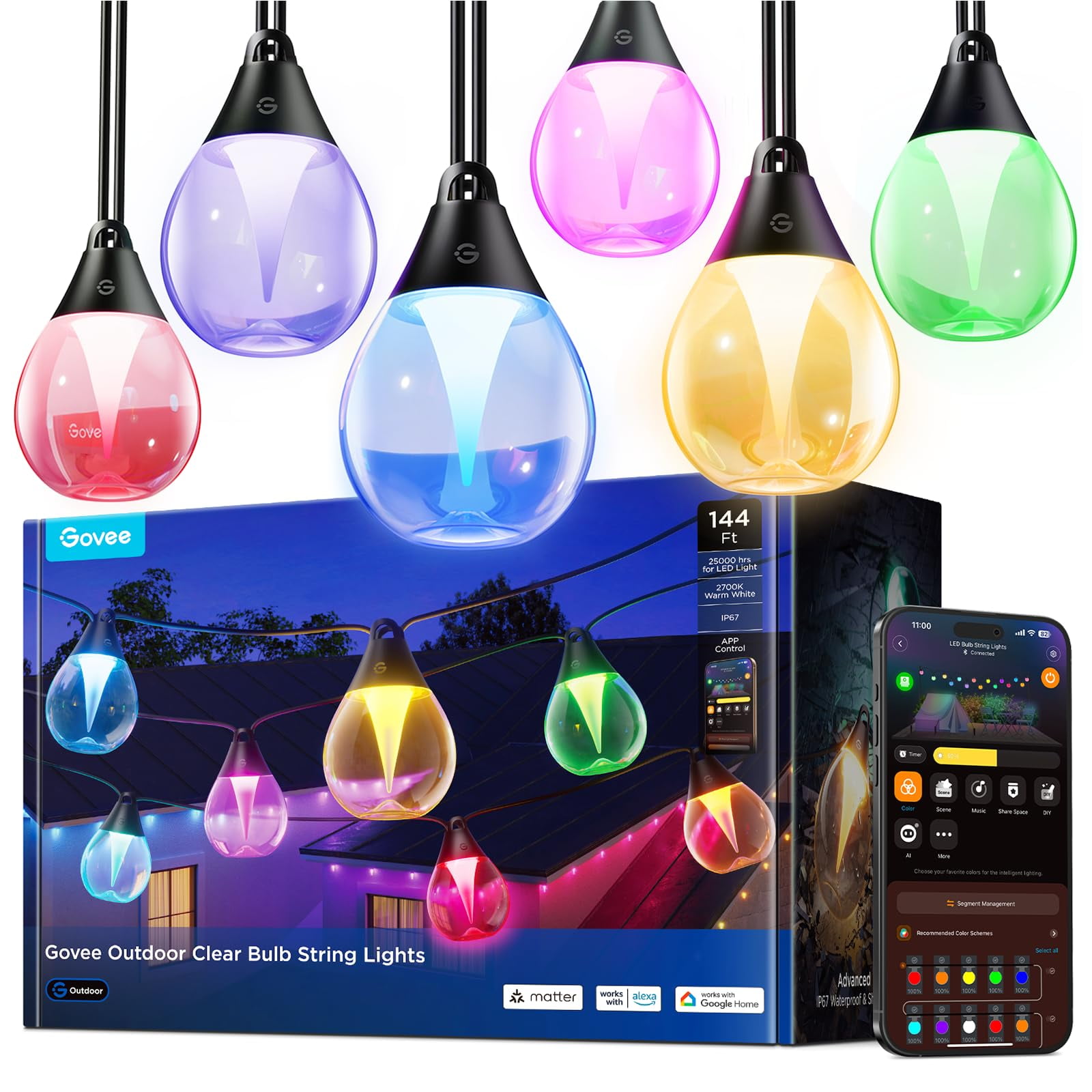 Guirnalda De Luces Govee Para Exteriores, Bombilla Transparente, 144 Pies, Rgbwic Smart