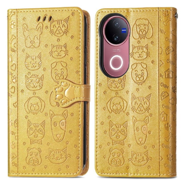 Funda Cartera FOXDOCK para Vivo V50 5G , Flip PU con Relieve de Gatos y Perros, Tarjetero y Soporte