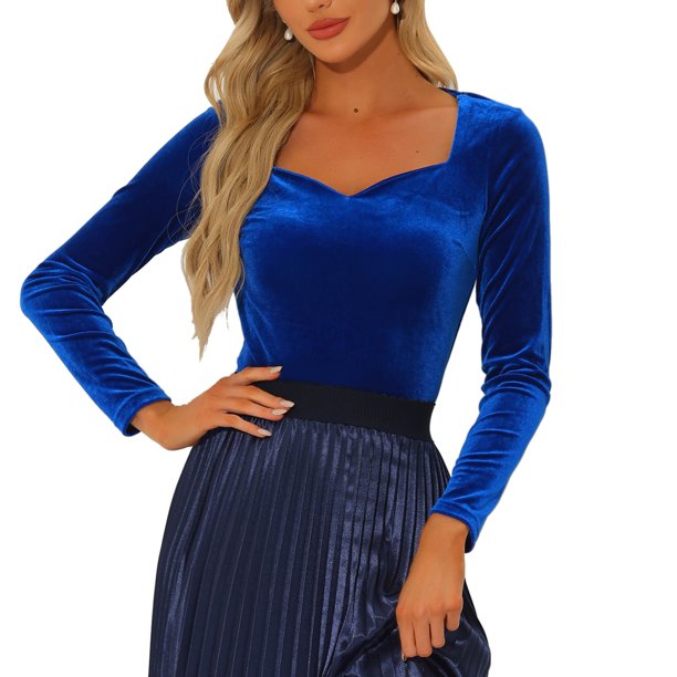 INSPIRE CHIC Tops de terciopelo de Halloween para mujeres con cuello de corazón elegante y mangas largas T-Shirt M Azul Real