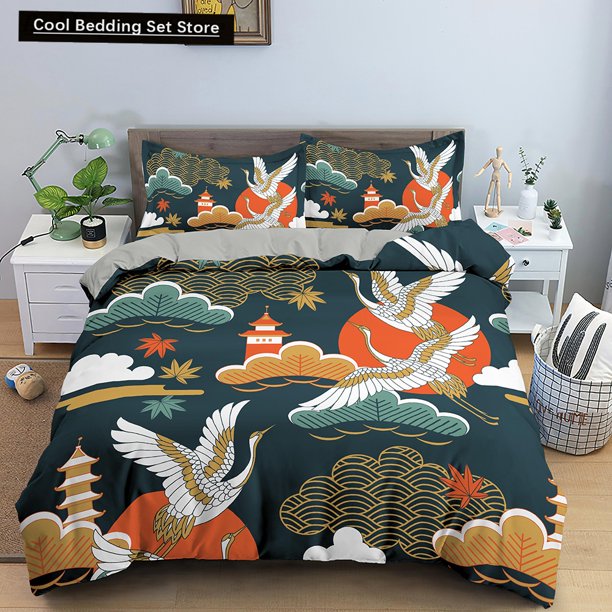 Crane Printed Bedding Set Red Japanese Cherry Blossoms Duvet Cover Size Floral Cloud Polyester Quilt Cover Bed Sheets