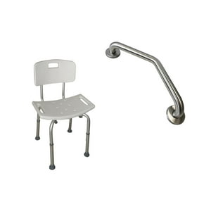 Maxcare - Pack Barra Angular Muro Izq + Silla Baño Respaldo Extraible Blanco