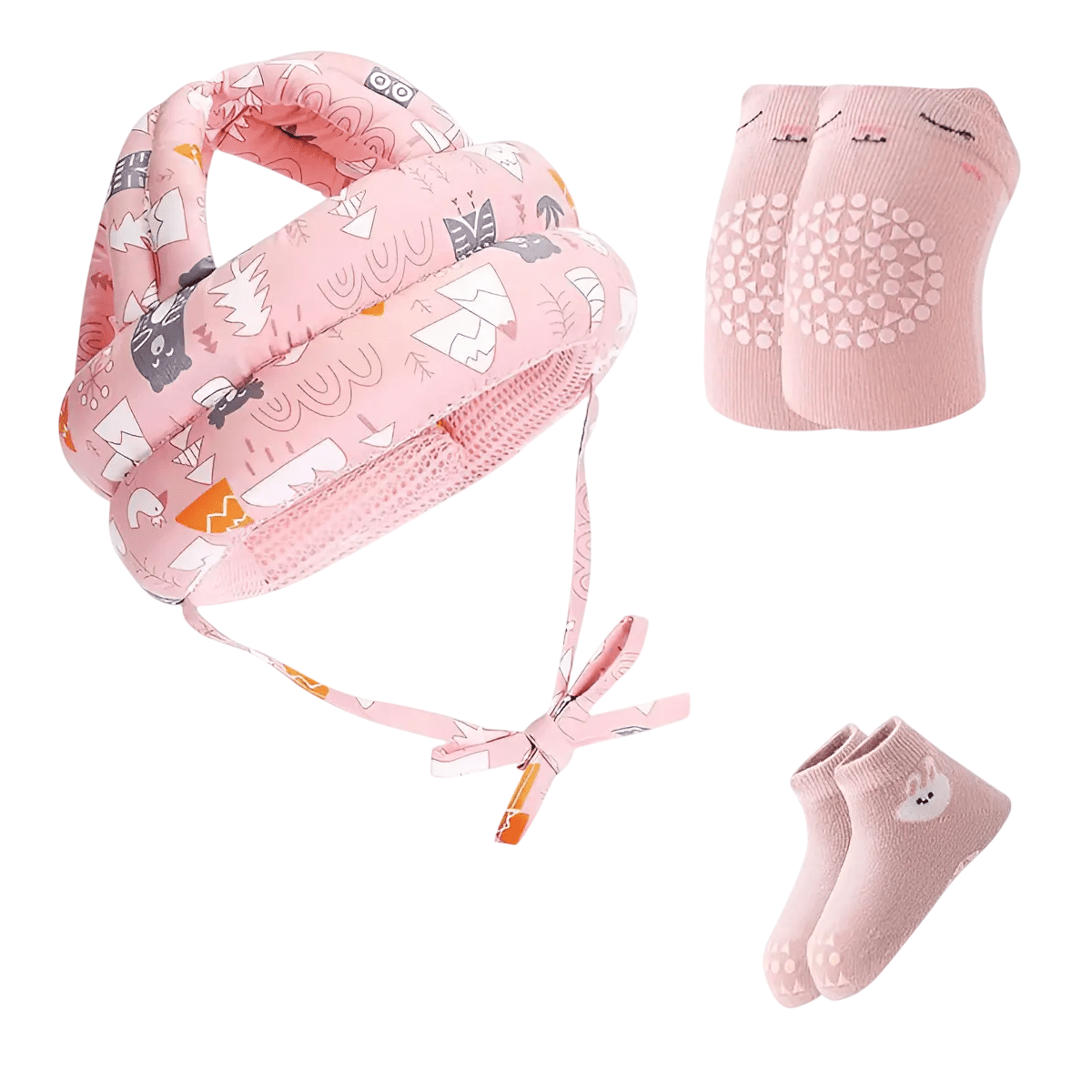 Casco Anticolisión Belug Para Bebé Y Rodilleras + Calcetines Rosa