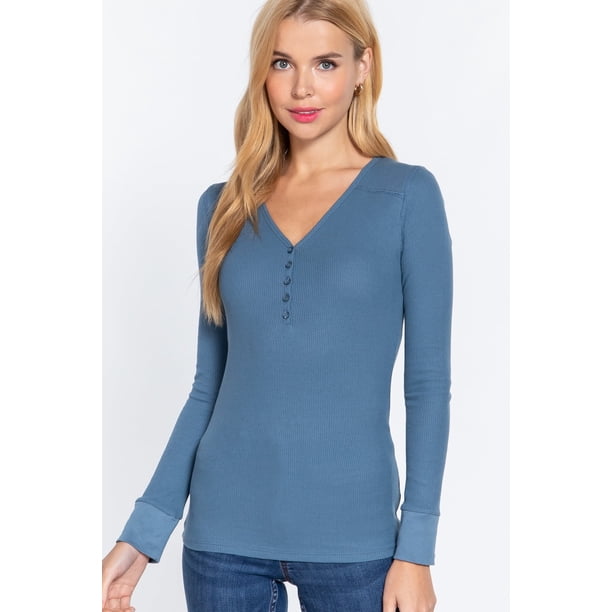 Saronite Camiseta Térmica Básica de Algodón Acanalado con Cuello en V, Manga Larga y Tapeta, Azul Acero (para Mujer)