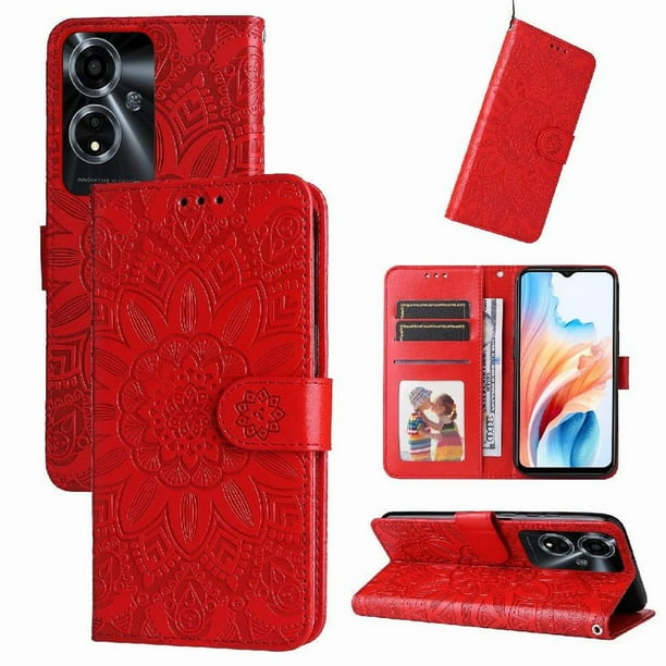 Funda tipo cartera FOXDOCK para OPPO A59 5G , diseño girasol en relieve, cuero PU, cierre magnético, soporte y tarjetero