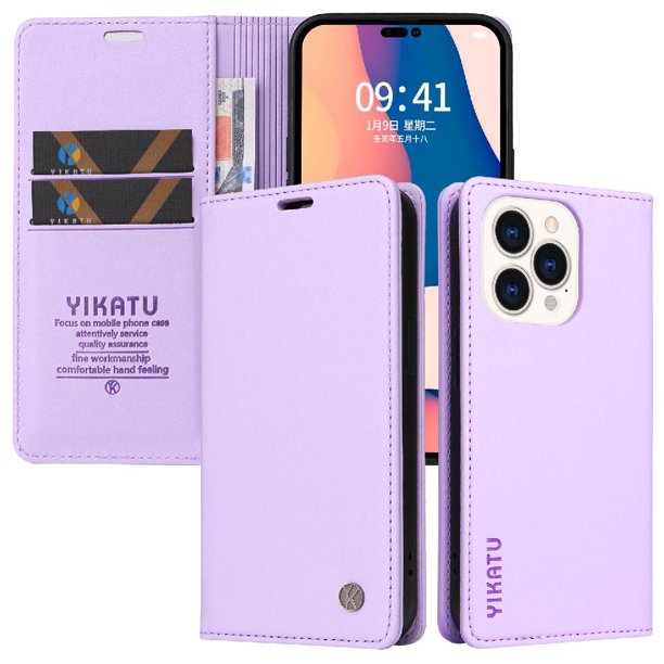 Funda Billetera de Cuero para iPhone 14 Pro con Tarjetero y Soporte - Tapa Magnética Morado