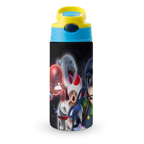 Luigi's Mansion Botella de Agua con Tapa Pop Top de Un Toque, Acero Inoxidable, a Prueba de Fugas, para Deportes, Botella Infantil azul 12 oz