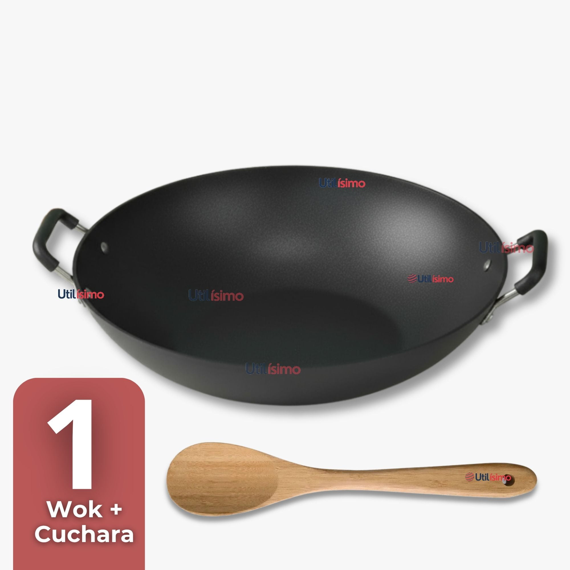 Line - Wok Chino Acero Inoxidable Antiadherente 34cm+ Cuchara De Madera De Bambú
