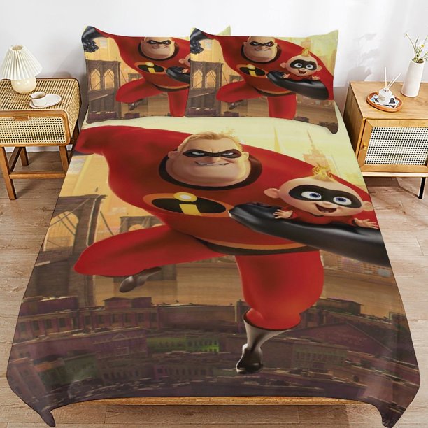 The Incredibles Cartoon Bedding Sets Ultra Soft Skin-Friendly Duvet Cover 3 Piece, Cute Comforter Cover Bed Set for Boys Girls Kids