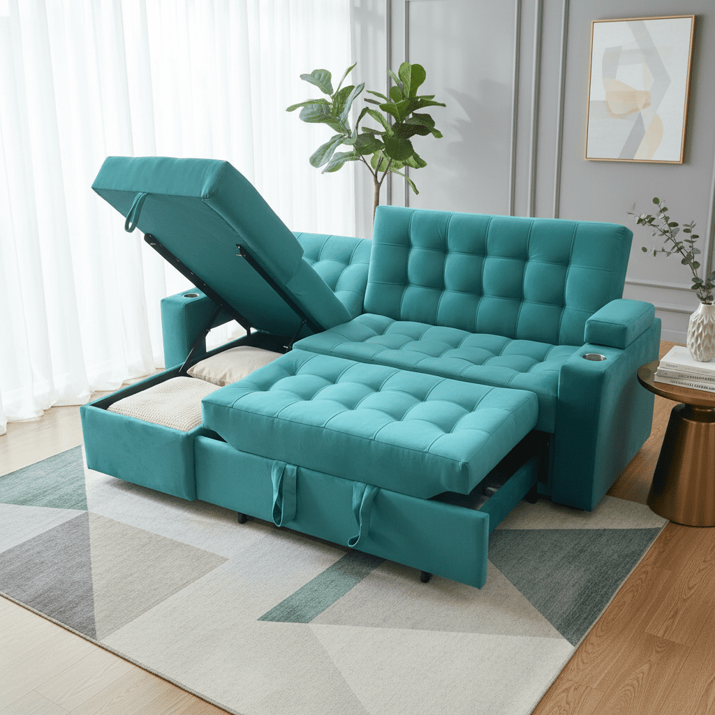 Camila Home - Sofá Cama En L Turquesa 3 Plazas Con Baúl Y Puffs 200 Cm