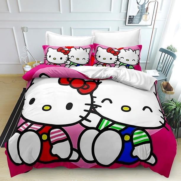 The Anime Quilt Duvet Cover Hello Set Comforter Cover Kitty 3 Pieces Bedding Printed Quilt Cover Set with Pillow Cases Easy Care and Soft Hand Feel Full