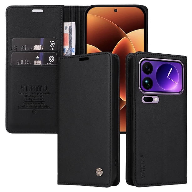 Funda Billetera de Cuero para Xiaomi 17 Pro Max con Tarjetero y Soporte - Tapa Magnética Negro