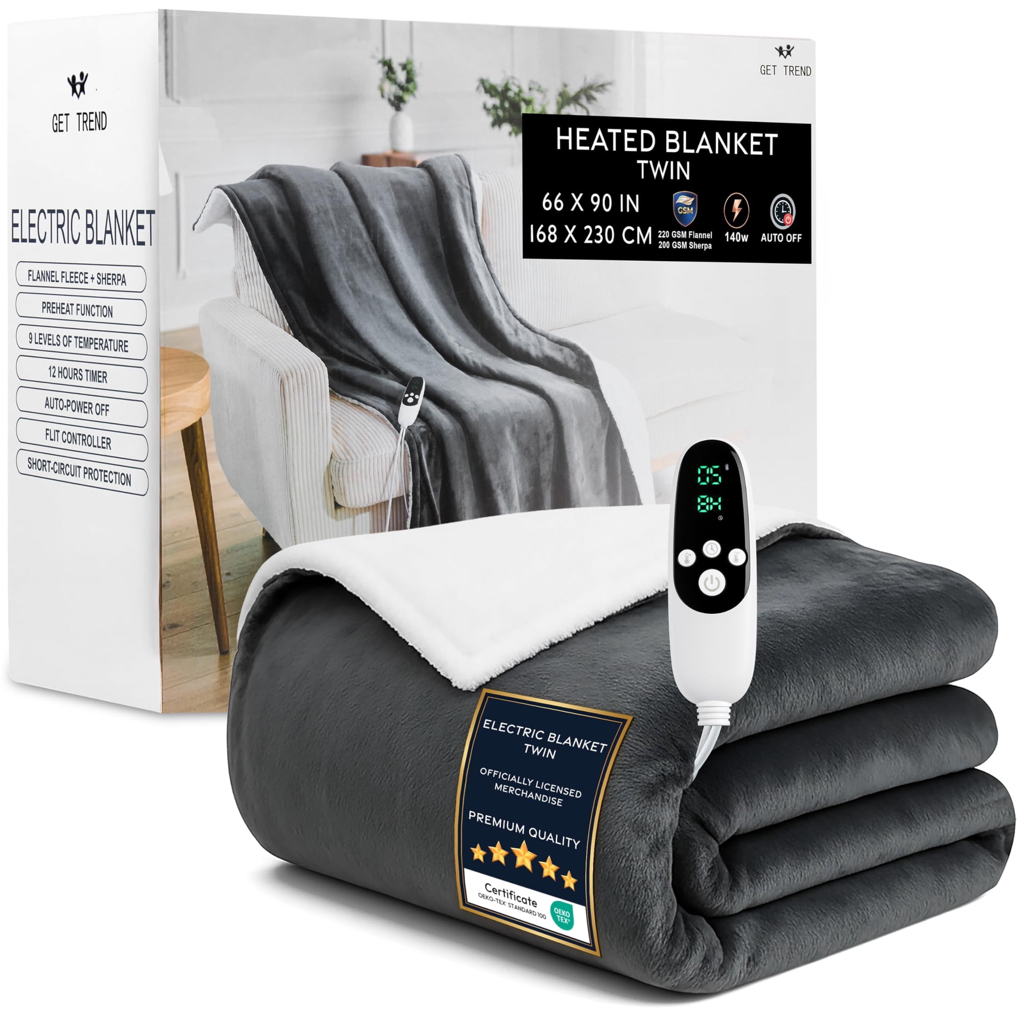 Manta Térmica Eléctrica Get Trend Luxurious Fleece Twin Grey