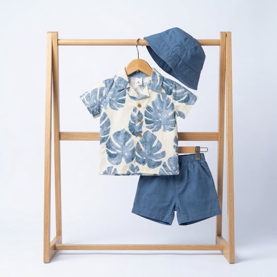Conjunto Para Niño De Polera Con Botones Y Short + Gorro 3 Prendas