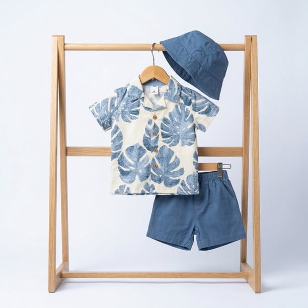 Conjunto Para Niño De Polera Con Botones Y Short + Gorro 3 Prendas