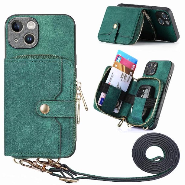 Funda Tipo Cartera con Correa Cruzada para iPhone 15 Plus Protección Contra Golpes Verde