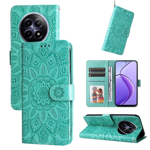 Funda tipo cartera FOXDOCK para Realme 12 5G , diseño girasol en relieve, cuero PU, cierre magnético, soporte y tarjetero