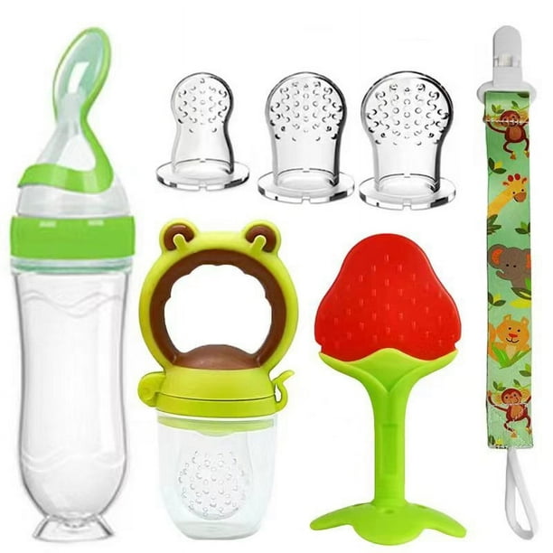 Complete 7pcs Baby Feeding Set with Soft Silicone and Stainless Steel Material | Includes Milk Water Bottle, Spoon Feeder, Teether, Fruit Feeder, Pacifier Holder and 3-Size Nipples | Perfect for Tende